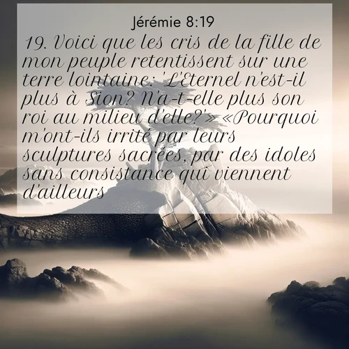 Segond21 Jérémie  ; image nature: image avec le verset biblique :Voici que les cris de la fille de mon peuple retentissent sur une terre lointaine: &#039;L&#039;Eternel n&#039;est-il plus à Sion? N&#039;a-t-elle plus son roi au milieu d&#039;elle?&#039;» «Pourquoi m&#039;ont-ils irrité par leurs sculptures sacrées, par des idoles sans consistance qui viennent d&#039;ailleurs?» ;  ; 8:19