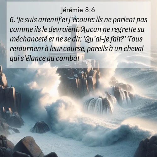 Segond21 Jérémie  ; image nature: image avec le verset biblique :Je suis attentif et j&#039;écoute: ils ne parlent pas comme ils le devraient. Aucun ne regrette sa méchanceté et ne se dit: &#039;Qu&#039;ai-je fait?&#039; Tous retournent à leur course, pareils à un cheval qui s&#039;élance au combat. ;  ; 8:6