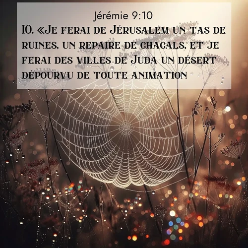 Segond21 Jérémie  ; image nature: image avec le verset biblique :«Je ferai de Jérusalem un tas de ruines, un repaire de chacals, et je ferai des villes de Juda un désert dépourvu de toute animation.» ;  ; 9:10