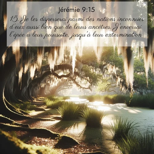 Segond21 Jérémie  ; image nature: image avec le verset biblique :Je les disperserai parmi des nations inconnues d&#039;eux aussi bien que de leurs ancêtres. J&#039;enverrai l&#039;épée à leur poursuite, jusqu&#039;à leur extermination. ;  ; 9:15