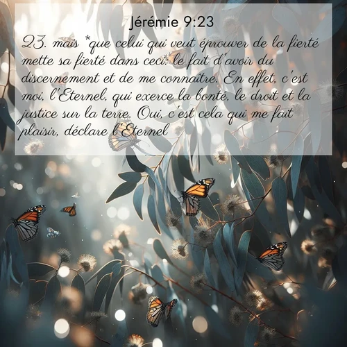 Segond21 Jérémie  ; image nature: image avec le verset biblique :mais *que celui qui veut éprouver de la fierté mette sa fierté dans ceci: le fait d&#039;avoir du discernement et de me connaître. En effet, c&#039;est moi, l&#039;Eternel, qui exerce la bonté, le droit et la justice sur la terre. Oui, c&#039;est cela qui me fait plaisir, déclare l&#039;Eternel. ;  ; 9:23
