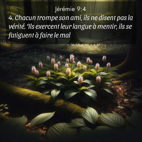 Segond21 Jérémie  ; image nature: image avec le verset biblique :Chacun trompe son ami, ils ne disent pas la vérité. Ils exercent leur langue à mentir, ils se fatiguent à faire le mal. ;  ; 9:4
