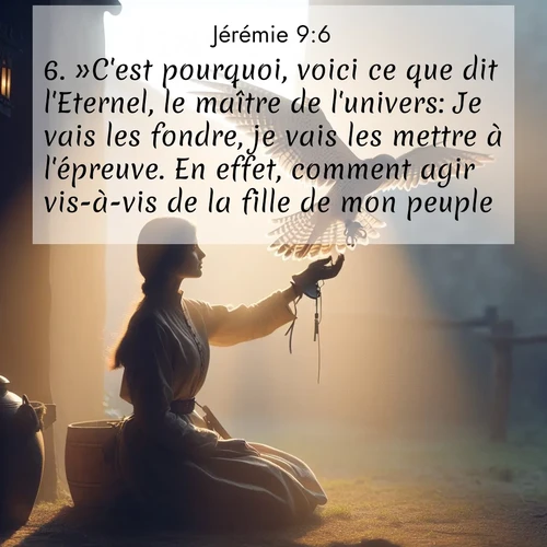 Segond21 Jérémie  ; image nature: image avec le verset biblique :»C&#039;est pourquoi, voici ce que dit l&#039;Eternel, le maître de l&#039;univers: Je vais les fondre, je vais les mettre à l&#039;épreuve. En effet, comment agir vis-à-vis de la fille de mon peuple? ;  ; 9:6