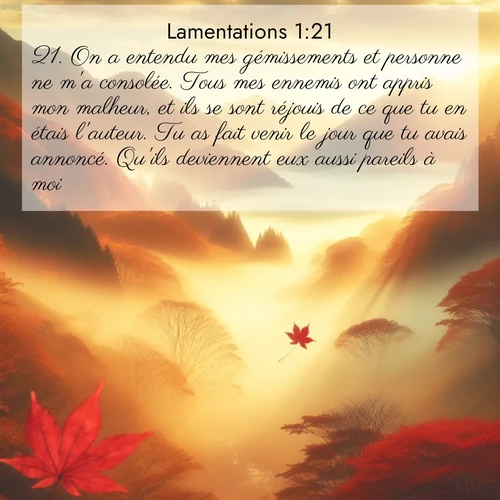 Segond21 Lamentations  ; image nature: image avec le verset biblique :On a entendu mes gémissements et personne ne m&#039;a consolée. Tous mes ennemis ont appris mon malheur, et ils se sont réjouis de ce que tu en étais l&#039;auteur. Tu as fait venir le jour que tu avais annoncé. Qu&#039;ils deviennent eux aussi pareils à moi! ;  ; 1:21