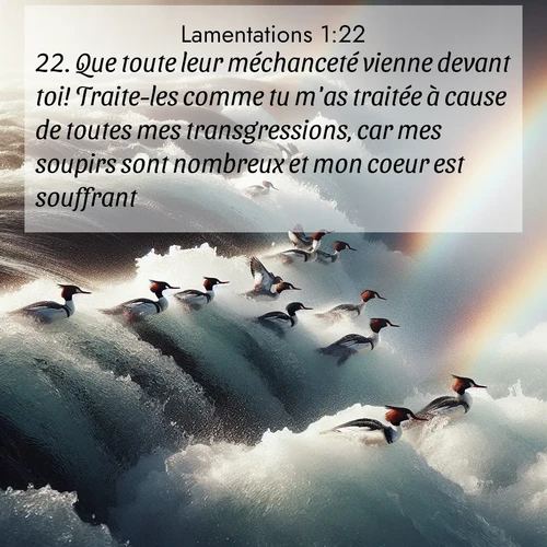 Segond21 Lamentations  ; image nature: image avec le verset biblique :Que toute leur méchanceté vienne devant toi! Traite-les comme tu m&#039;as traitée à cause de toutes mes transgressions, car mes soupirs sont nombreux et mon coeur est souffrant!» ;  ; 1:22