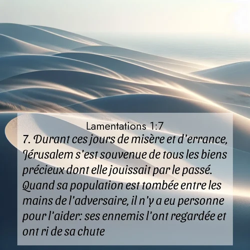Segond21 Lamentations  ; image nature: image avec le verset biblique :Durant ces jours de misère et d&#039;errance, Jérusalem s&#039;est souvenue de tous les biens précieux dont elle jouissait par le passé. Quand sa population est tombée entre les mains de l&#039;adversaire, il n&#039;y a eu personne pour l&#039;aider: ses ennemis l&#039;ont regardée et ont ri de sa chute. ;  ; 1:7