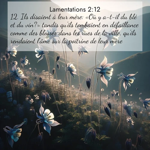 Segond21 Lamentations  ; image nature: image avec le verset biblique :Ils disaient à leur mère: «Où y a-t-il du blé et du vin?» tandis qu&#039;ils tombaient en défaillance comme des blessés dans les rues de la ville, qu&#039;ils rendaient l&#039;âme sur la poitrine de leur mère. ;  ; 2:12
