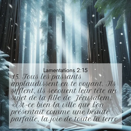 Segond21 Lamentations  ; image nature: image avec le verset biblique :Tous les passants applaudissent en te voyant. Ils sifflent, ils secouent leur tête au sujet de la fille de Jérusalem: «Est-ce bien la ville que l&#039;on présentait comme une beauté parfaite, la joie de toute la terre?» ;  ; 2:15