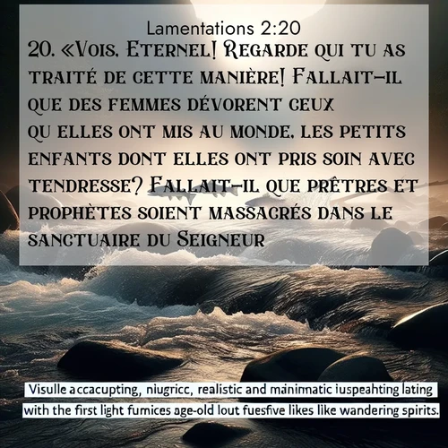Segond21 Lamentations  ; image nature: image avec le verset biblique :«Vois, Eternel! Regarde qui tu as traité de cette manière! Fallait-il que des femmes dévorent ceux qu&#039;elles ont mis au monde, les petits enfants dont elles ont pris soin avec tendresse? Fallait-il que prêtres et prophètes soient massacrés dans le sanctuaire du Seigneur? ;  ; 2:20