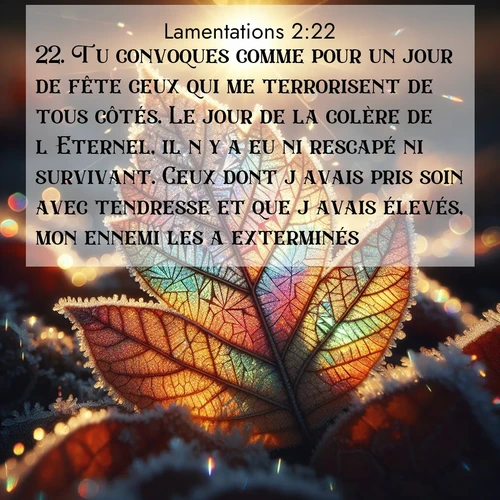 Segond21 Lamentations  ; image nature: image avec le verset biblique :Tu convoques comme pour un jour de fête ceux qui me terrorisent de tous côtés. Le jour de la colère de l&#039;Eternel, il n&#039;y a eu ni rescapé ni survivant. Ceux dont j&#039;avais pris soin avec tendresse et que j&#039;avais élevés, mon ennemi les a exterminés.» ;  ; 2:22