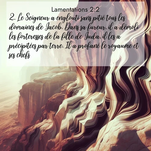 Segond21 Lamentations  ; image nature: image avec le verset biblique :Le Seigneur a englouti sans pitié tous les domaines de Jacob. Dans sa fureur, il a démoli les forteresses de la fille de Juda, il les a précipitées par terre. Il a profané le royaume et ses chefs. ;  ; 2:2