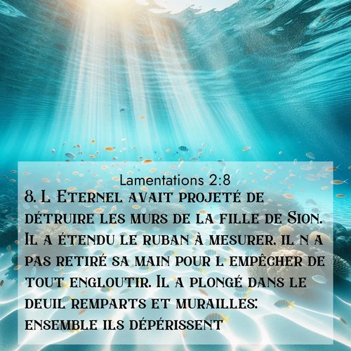 Segond21 Lamentations  ; image nature: image avec le verset biblique :L&#039;Eternel avait projeté de détruire les murs de la fille de Sion. Il a étendu le ruban à mesurer, il n&#039;a pas retiré sa main pour l&#039;empêcher de tout engloutir. Il a plongé dans le deuil remparts et murailles: ensemble ils dépérissent. ;  ; 2:8