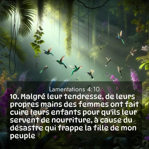 Segond21 Lamentations  ; image nature: image avec le verset biblique :Malgré leur tendresse, de leurs propres mains des femmes ont fait cuire leurs enfants pour qu&#039;ils leur servent de nourriture, à cause du désastre qui frappe la fille de mon peuple. ;  ; 4:10
