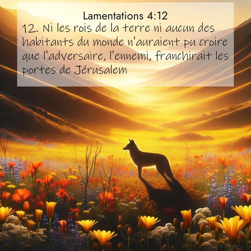 Segond21 Lamentations  ; image nature: image avec le verset biblique :Ni les rois de la terre ni aucun des habitants du monde n&#039;auraient pu croire que l&#039;adversaire, l&#039;ennemi, franchirait les portes de Jérusalem. ;  ; 4:12