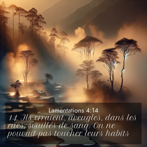 Segond21 Lamentations  ; image nature: image avec le verset biblique :Ils erraient, aveugles, dans les rues, souillés de sang. On ne pouvait pas toucher leurs habits. ;  ; 4:14