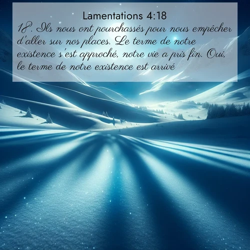 Segond21 Lamentations  ; image nature: image avec le verset biblique :Ils nous ont pourchassés pour nous empêcher d&#039;aller sur nos places. Le terme de notre existence s&#039;est approché, notre vie a pris fin. Oui, le terme de notre existence est arrivé! ;  ; 4:18