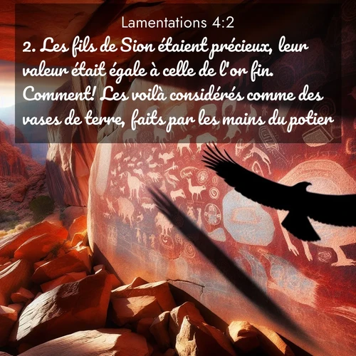 Segond21 Lamentations  ; image nature: image avec le verset biblique :Les fils de Sion étaient précieux, leur valeur était égale à celle de l&#039;or fin. Comment! Les voilà considérés comme des vases de terre, faits par les mains du potier! ;  ; 4:2