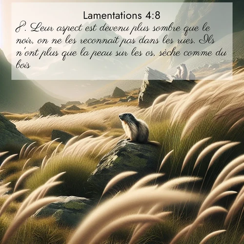 Segond21 Lamentations  ; image nature: image avec le verset biblique :Leur aspect est devenu plus sombre que le noir, on ne les reconnaît pas dans les rues. Ils n&#039;ont plus que la peau sur les os, sèche comme du bois. ;  ; 4:8