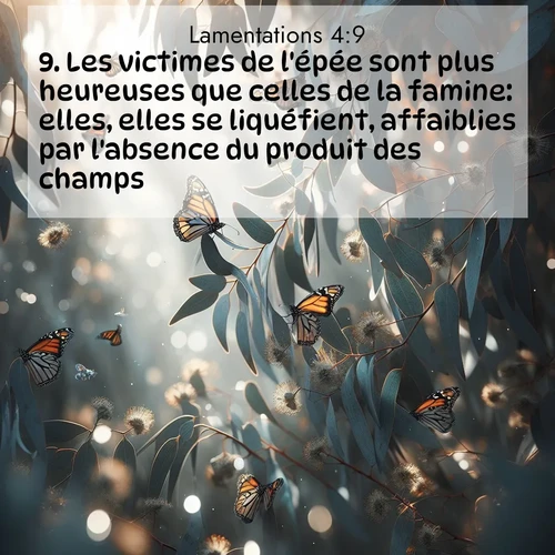 Segond21 Lamentations  ; image nature: image avec le verset biblique :Les victimes de l&#039;épée sont plus heureuses que celles de la famine: elles, elles se liquéfient, affaiblies par l&#039;absence du produit des champs. ;  ; 4:9