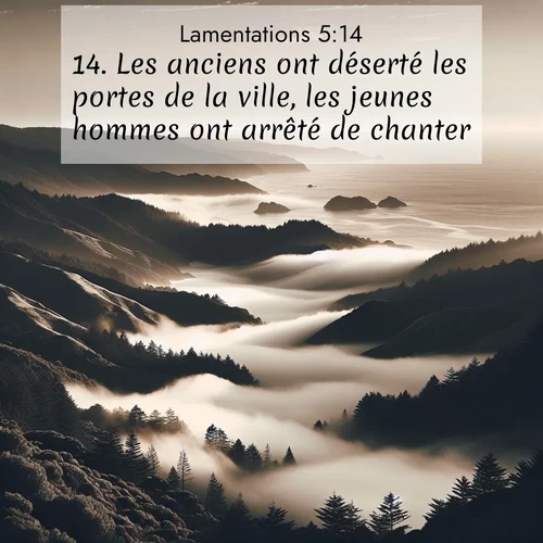 Segond21 Lamentations  ; image nature: image avec le verset biblique :Les anciens ont déserté les portes de la ville, les jeunes hommes ont arrêté de chanter. ;  ; 5:14