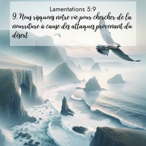 Segond21 Lamentations  ; image nature: image avec le verset biblique :Nous risquons notre vie pour chercher de la nourriture à cause des attaques provenant du désert. ;  ; 5:9