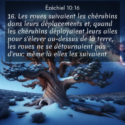 Segond21 Ézéchiel  ; image nature: image avec le verset biblique :Les roues suivaient les chérubins dans leurs déplacements et, quand les chérubins déployaient leurs ailes pour s&#039;élever au-dessus de la terre, les roues ne se détournaient pas d&#039;eux: même là elles les suivaient. ;  ; 10:16