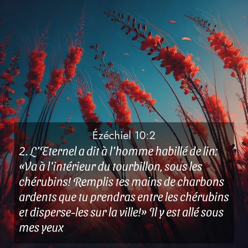 Segond21 Ézéchiel  ; image nature: image avec le verset biblique :L&#039;Eternel a dit à l&#039;homme habillé de lin: «Va à l&#039;intérieur du tourbillon, sous les chérubins! Remplis tes mains de charbons ardents que tu prendras entre les chérubins et disperse-les sur la ville!» Il y est allé sous mes yeux. ;  ; 10:2
