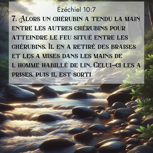 Segond21 Ézéchiel  ; image nature: image avec le verset biblique :Alors un chérubin a tendu la main entre les autres chérubins pour atteindre le feu situé entre les chérubins. Il en a retiré des braises et les a mises dans les mains de l&#039;homme habillé de lin. Celui-ci les a prises, puis il est sorti. ;  ; 10:7