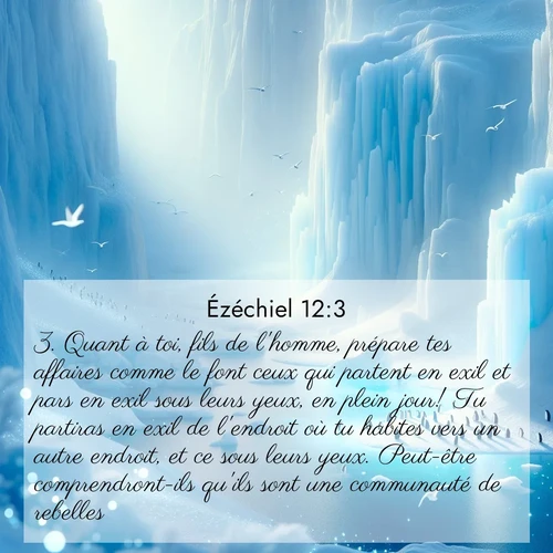 Segond21 Ézéchiel  ; image nature: image avec le verset biblique :Quant à toi, fils de l&#039;homme, prépare tes affaires comme le font ceux qui partent en exil et pars en exil sous leurs yeux, en plein jour! Tu partiras en exil de l&#039;endroit où tu habites vers un autre endroit, et ce sous leurs yeux. Peut-être comprendront-ils qu&#039;ils sont une communauté de rebelles. ;  ; 12:3