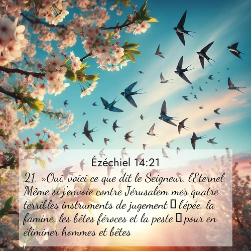 Segond21 Ézéchiel  ; image nature: image avec le verset biblique :»Oui, voici ce que dit le Seigneur, l&#039;Eternel: Même si j&#039;envoie contre Jérusalem mes quatre terribles instruments de jugement  l&#039;épée, la famine, les bêtes féroces et la peste  pour en éliminer hommes et bêtes, ;  ; 14:21