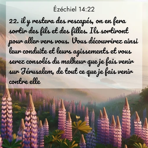 Segond21 Ézéchiel  ; image nature: image avec le verset biblique :il y restera des rescapés, on en fera sortir des fils et des filles. Ils sortiront pour aller vers vous. Vous découvrirez ainsi leur conduite et leurs agissements et vous serez consolés du malheur que je fais venir sur Jérusalem, de tout ce que je fais venir contre elle. ;  ; 14:22