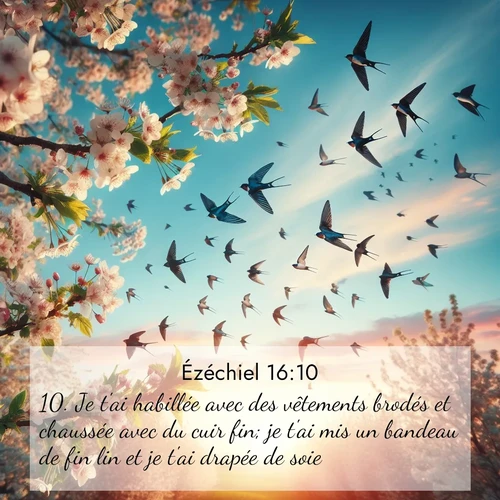 Segond21 Ézéchiel  ; image nature: image avec le verset biblique :Je t&#039;ai habillée avec des vêtements brodés et chaussée avec du cuir fin; je t&#039;ai mis un bandeau de fin lin et je t&#039;ai drapée de soie. ;  ; 16:10