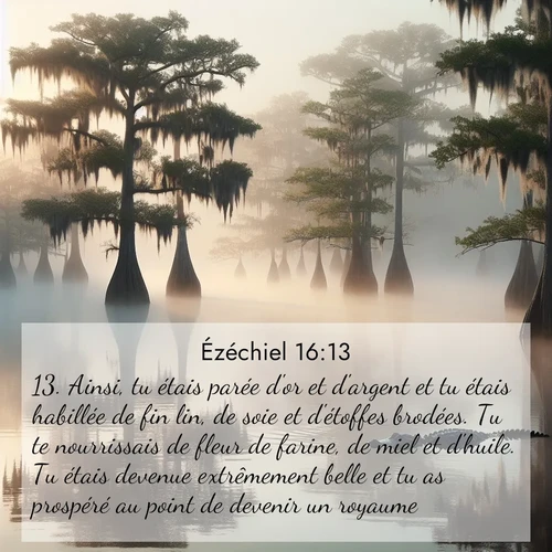 Segond21 Ézéchiel  ; image nature: image avec le verset biblique :Ainsi, tu étais parée d&#039;or et d&#039;argent et tu étais habillée de fin lin, de soie et d&#039;étoffes brodées. Tu te nourrissais de fleur de farine, de miel et d&#039;huile. Tu étais devenue extrêmement belle et tu as prospéré au point de devenir un royaume. ;  ; 16:13