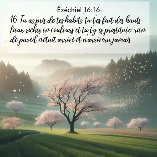 Segond21 Ézéchiel  ; image nature: image avec le verset biblique :Tu as pris de tes habits, tu t&#039;es fait des hauts lieux riches en couleurs et tu t&#039;y es prostituée: rien de pareil n&#039;était arrivé et n&#039;arrivera jamais. ;  ; 16:16