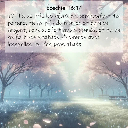 Segond21 Ézéchiel  ; image nature: image avec le verset biblique :Tu as pris les bijoux qui composaient ta parure, tu as pris de mon or et de mon argent, ceux que je t&#039;avais donnés, et tu en as fait des statues d&#039;hommes avec lesquelles tu t&#039;es prostituée. ;  ; 16:17