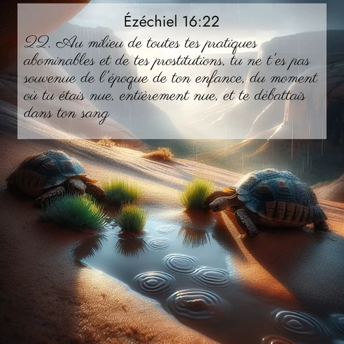 Segond21 Ézéchiel  ; image nature: image avec le verset biblique :Au milieu de toutes tes pratiques abominables et de tes prostitutions, tu ne t&#039;es pas souvenue de l&#039;époque de ton enfance, du moment où tu étais nue, entièrement nue, et te débattais dans ton sang. ;  ; 16:22