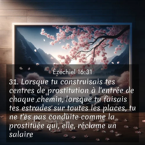 Segond21 Ézéchiel  ; image nature: image avec le verset biblique :Lorsque tu construisais tes centres de prostitution à l&#039;entrée de chaque chemin, lorsque tu faisais tes estrades sur toutes les places, tu ne t&#039;es pas conduite comme la prostituée qui, elle, réclame un salaire: ;  ; 16:31