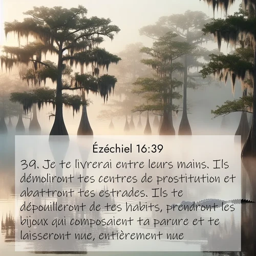 Segond21 Ézéchiel  ; image nature: image avec le verset biblique :Je te livrerai entre leurs mains. Ils démoliront tes centres de prostitution et abattront tes estrades. Ils te dépouilleront de tes habits, prendront les bijoux qui composaient ta parure et te laisseront nue, entièrement nue. ;  ; 16:39