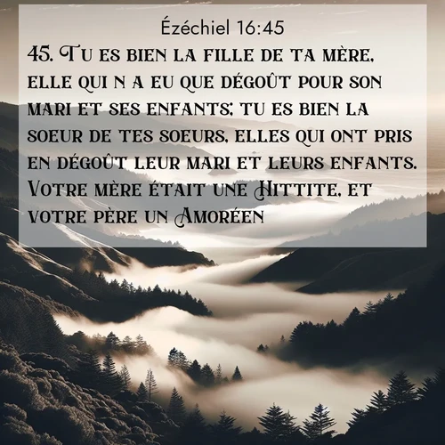 Segond21 Ézéchiel  ; image nature: image avec le verset biblique :Tu es bien la fille de ta mère, elle qui n&#039;a eu que dégoût pour son mari et ses enfants; tu es bien la soeur de tes soeurs, elles qui ont pris en dégoût leur mari et leurs enfants. Votre mère était une Hittite, et votre père un Amoréen. ;  ; 16:45