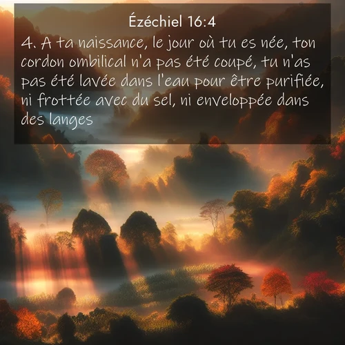 Segond21 Ézéchiel  ; image nature: image avec le verset biblique :A ta naissance, le jour où tu es née, ton cordon ombilical n&#039;a pas été coupé, tu n&#039;as pas été lavée dans l&#039;eau pour être purifiée, ni frottée avec du sel, ni enveloppée dans des langes. ;  ; 16:4