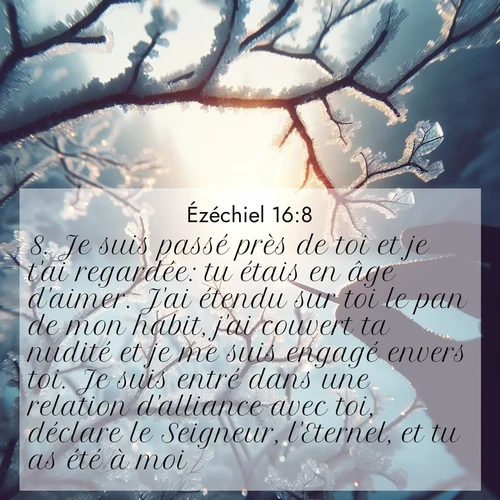 Segond21 Ézéchiel  ; image nature: image avec le verset biblique :Je suis passé près de toi et je t&#039;ai regardée: tu étais en âge d&#039;aimer. J&#039;ai étendu sur toi le pan de mon habit, j&#039;ai couvert ta nudité et je me suis engagé envers toi. Je suis entré dans une relation d&#039;alliance avec toi, déclare le Seigneur, l&#039;Eternel, et tu as été à moi. ;  ; 16:8