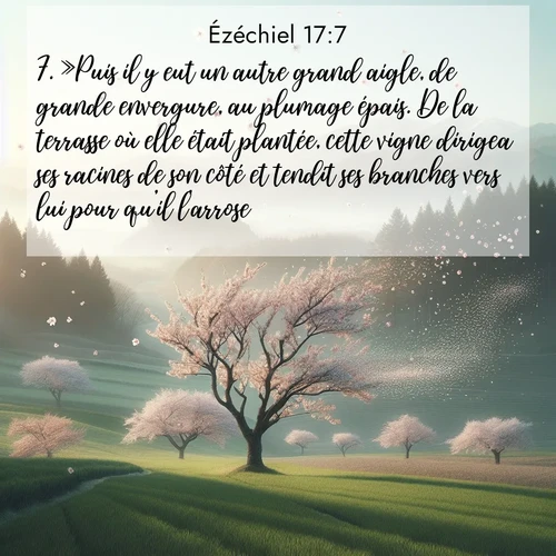 Segond21 Ézéchiel  ; image nature: image avec le verset biblique :»Puis il y eut un autre grand aigle, de grande envergure, au plumage épais. De la terrasse où elle était plantée, cette vigne dirigea ses racines de son côté et tendit ses branches vers lui pour qu&#039;il l&#039;arrose. ;  ; 17:7