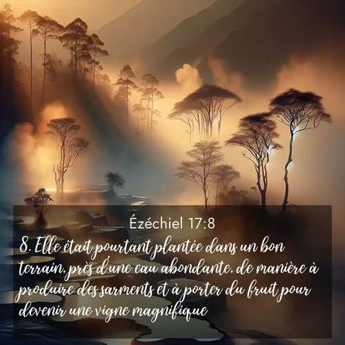 Segond21 Ézéchiel  ; image nature: image avec le verset biblique :Elle était pourtant plantée dans un bon terrain, près d&#039;une eau abondante, de manière à produire des sarments et à porter du fruit pour devenir une vigne magnifique.&#039; ;  ; 17:8