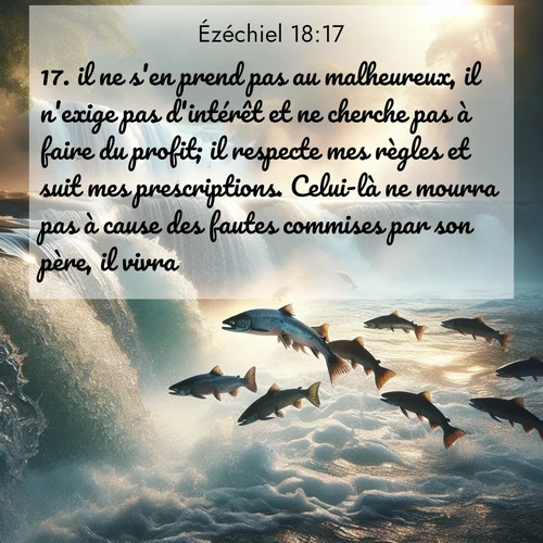 Segond21 Ézéchiel  ; image nature: image avec le verset biblique :il ne s&#039;en prend pas au malheureux, il n&#039;exige pas d&#039;intérêt et ne cherche pas à faire du profit; il respecte mes règles et suit mes prescriptions. Celui-là ne mourra pas à cause des fautes commises par son père, il vivra. ;  ; 18:17
