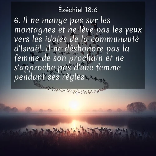 Segond21 Ézéchiel  ; image nature: image avec le verset biblique :Il ne mange pas sur les montagnes et ne lève pas les yeux vers les idoles de la communauté d&#039;Israël. Il ne déshonore pas la femme de son prochain et ne s&#039;approche pas d&#039;une femme pendant ses règles. ;  ; 18:6