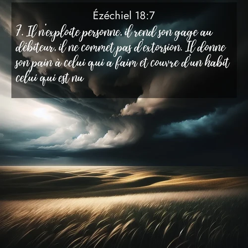 Segond21 Ézéchiel  ; image nature: image avec le verset biblique :Il n&#039;exploite personne, il rend son gage au débiteur, il ne commet pas d&#039;extorsion. Il donne son pain à celui qui a faim et couvre d&#039;un habit celui qui est nu. ;  ; 18:7