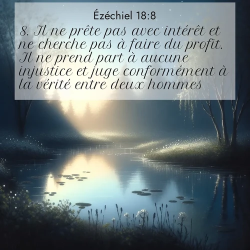 Segond21 Ézéchiel  ; image nature: image avec le verset biblique :Il ne prête pas avec intérêt et ne cherche pas à faire du profit. Il ne prend part à aucune injustice et juge conformément à la vérité entre deux hommes. ;  ; 18:8