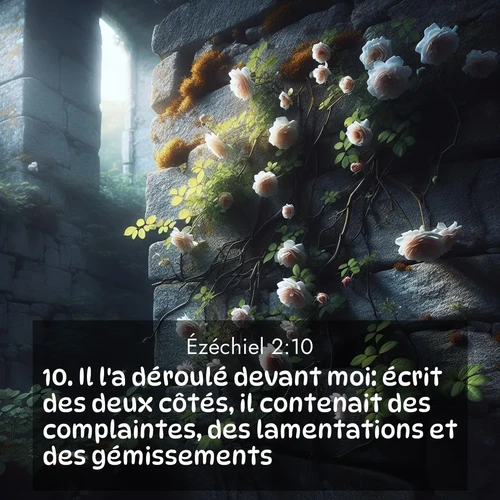 Segond21 Ézéchiel  ; image nature: image avec le verset biblique :Il l&#039;a déroulé devant moi: écrit des deux côtés, il contenait des complaintes, des lamentations et des gémissements. ;  ; 2:10