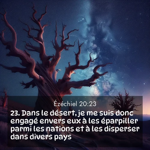 Segond21 Ézéchiel  ; image nature: image avec le verset biblique :Dans le désert, je me suis donc engagé envers eux à les éparpiller parmi les nations et à les disperser dans divers pays, ;  ; 20:23