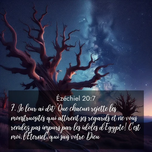 Segond21 Ézéchiel  ; image nature: image avec le verset biblique :Je leur ai dit: &#039;Que chacun rejette les monstruosités qui attirent ses regards et ne vous rendez pas impurs par les idoles d&#039;Egypte! C&#039;est moi, l&#039;Eternel, qui suis votre Dieu.&#039; ;  ; 20:7